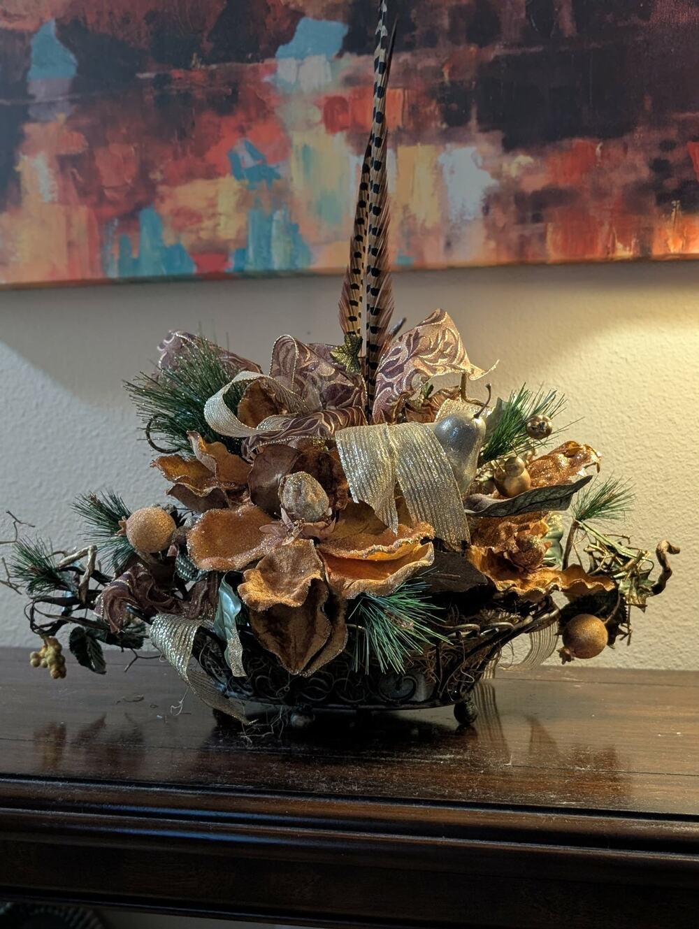 Rust Tan Gold Floral Autumn Fall Thanksgiving Centerpiece Pheasant Feathers